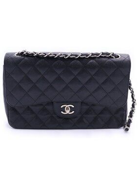 Chanel Maxi Quilted 30 Double Flap Chain Shoulder Bag Black Caviar Leather